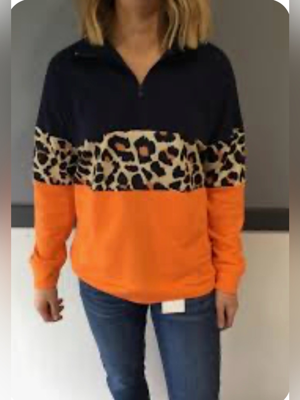 Women’s Colorblock Leopard Pullover Sweatshirt - Orange & Black
